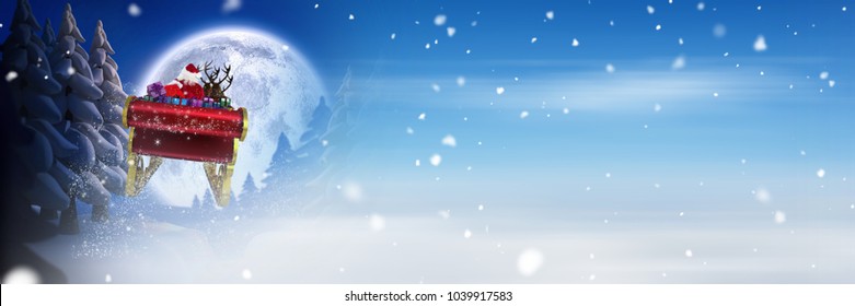 Compuesto digital de transición de nieve y luna de invierno del trineo de Papá Noel y renos