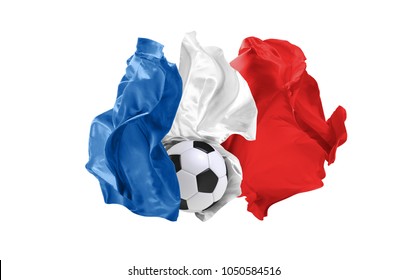 The national flag of France. . Flag made of fabric. Football and soccer concept. Fans concept. Soccer ball with fabric. Isolated on white background. Flying flag.