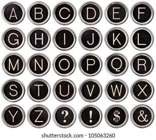 Full alphabet of vintage typewriter keys including dollar sign, ampersand, exclamation and question marks.  Each key is isolated on white with clipping path.