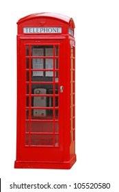 Cabina telefónica británica roja típica aislada sobre fondo blanco