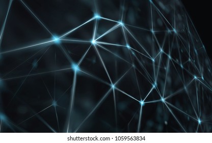 Blockchainová síť - abstraktní propojené tečky na jasně modrém pozadí. Internetové připojení, abstraktní smysl pro vědu a techniku, grafický design.