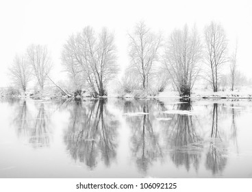 río congelado y árboles en temporada de invierno