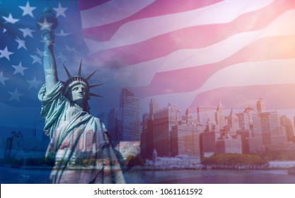 Eksposur ganda dengan bendera Amerika dan Patung Liberty. Latar belakang hari kemerdekaan - 4 Juli.