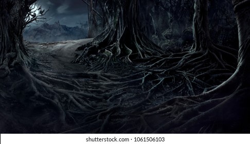 árboles espeluznantes con raíces retorcidas en el bosque de la selva nocturna. concepto de miedo.