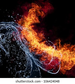 水と火の接続、要素の表現。黒の背景に分離