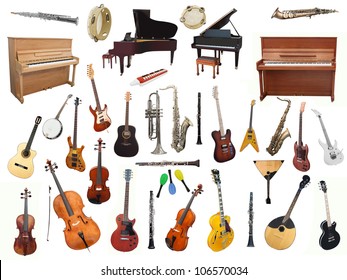 Different music instruments under the white background