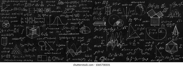 Blackboard gegraveerd met wetenschappelijke formules en berekeningen in natuurkunde en wiskunde. Wetenschap en onderwijs achtergrond.