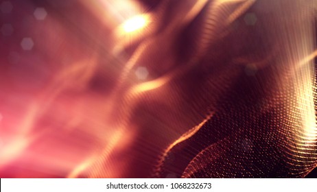被写界深度とボケ味を持つ輝く粒子のサイエンスフィクションの背景。粒子は線と抽象的な表面グリッドを形成します。光線と 3 d レンダリング V84 レッド ゴールド