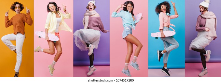 Collage Full-length portrait of carefree girl in white pants jumping on orange background. Romantic lady with wavy hair dancing in knitted sweater.