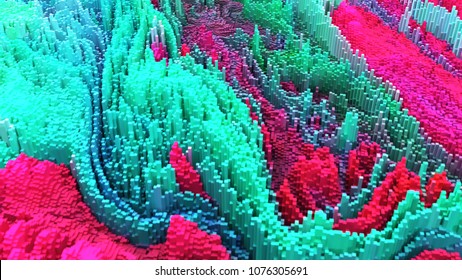 Abstracte kleurrijke achtergrond van 3D-pixels. Topografie van kubische vormen die een grote hoeveelheid informatie symboliseren. Het concept van een informatierijke wereld. Veelhoekige vorm weergeven.
