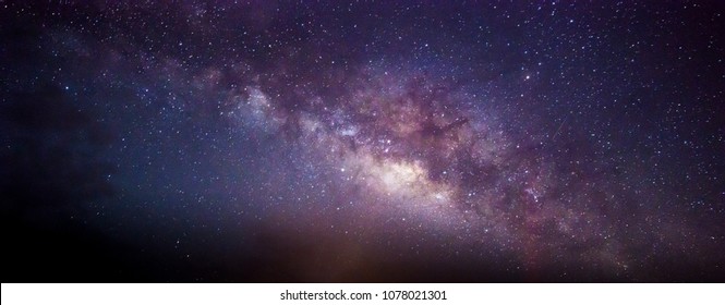 Panorama blue night sky milky way and star on dark background.Universe filled with stars, nebula and galaxy with noise and grain.Photo by long exposure and select white balance.