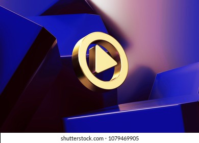 青い光沢のあるボックスでかなり黄金の音楽再生サークル アイコン。青の幾何学的な背景に細かいゴールデン サークル、メディア、マルチ メディア、音楽、再生、プレーヤー アイコン セットの 3 D イラストレーション。