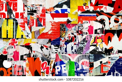 Collage ripped torn advertisement posters grunge creased crumpled paper texture background placard backdrop surface