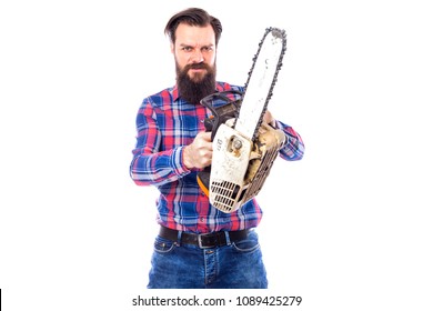 Bearded man holding a chainsaw isolated on a white background