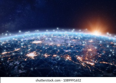 Global world telecommunication network connected around planet Earth, concept about internet and worldwide communication technology for finance, blockchain cryptocurrency or IoT, image from NASA