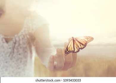 con bướm nằm trên tay cô gái ở giữa thiên nhiên