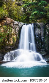 ニュージーランドの森の中にある急流のワイアウ滝。水は岩の崖を越えて深い青色のプールに流れ込みます。