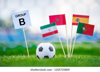 Tabla con el título "Grupo B" Banderas nacionales de Portugal, España, Marruecos, RI Irán