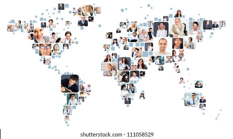 Colección de retratos de diferentes personas colocados como forma de mapa mundial