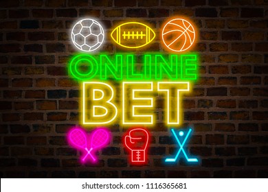 Neonschild Online-Wette, Sportsymbole, Fußball, American Football, Basketball, Tenis, Boxen, Hockey vor dem Hintergrund einer Mauer. Konzept Buchmacher Wetten auf Sport online.