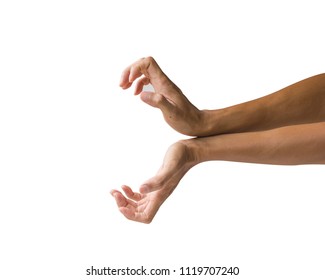 Memotong gerakan tangan jalur terisolasi pada latar belakang putih. Tangan meniru animasi Jepang yang terkenal "KAMEHAMEHA". Gelombang penyu bertenaga.