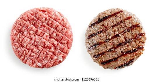 rohes und gegrilltes Burgerfleisch isoliert auf weißem Hintergrund, Ansicht von oben