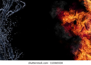 水と火の接続、要素の表現。黒の背景に分離