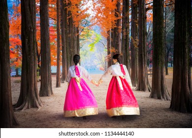 ナミ島、ソウル、韓国のナミ公園を歩く韓国の女の子