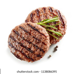 frisch gegrilltes Burgerfleisch isoliert auf weißem Hintergrund, Ansicht von oben