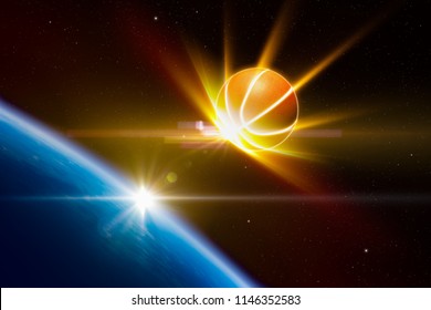 Apstraktna sportska pozadina - sjajna košarka se približava planeti Zemlji. Mješovita slika. Elemente ove slike opremila je NASA.