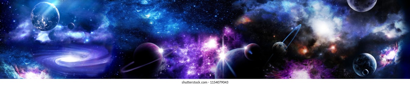 惑星、星、銀河の宇宙シーン。パノラマ。ガラス パネル (スキナリ) の水平ビュー。テンプレート バナー