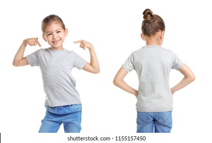 Vorder- und Rückansicht des kleinen Mädchens im grauen T-Shirt auf weißem Hintergrund. Modell für Design