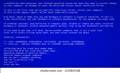 A funny fake BSOD (blue screen of death) failure message, recreated by me with a comedic meaning. White text on a blue background, LCD texture applied.
