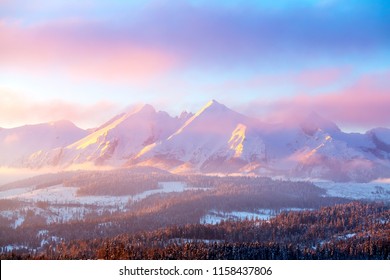 冬の山の風景。昇る太陽に照らされた雪に覆われた山頂。山の上のピンクの雲。美しい冬の自然。ポーランド。