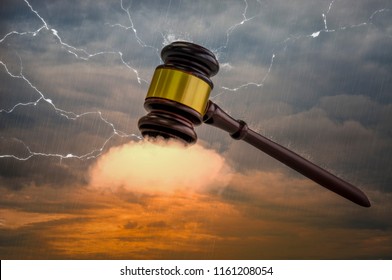 Wooden hammer, with golden metal center, placed on  clouds. , The power of auction in world of modern business,Fast and powerful as a lightning strike.