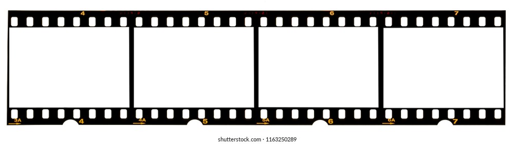 long film strip, blank photo frames, free space for your pictures, real high-res 35mm film strip scan with signs of usage on white background