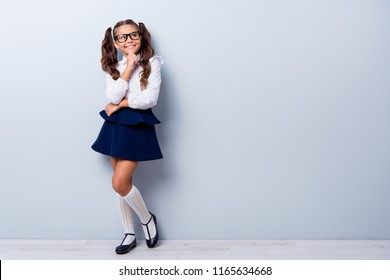 フォーマルなブラウス シャツ、短い青いスカート、思考のカーリー ピグテールと女の子らしい素敵なかわいい陽気な愛らしい素敵なスタイリッシュな小さな女の子のフル ボディ サイズの長さ。灰色の背景に分離