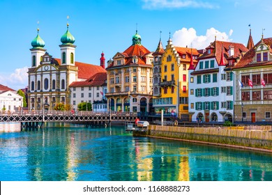 Malerisches Sommerluftpanorama der mittelalterlichen Architektur der Altstadt in Luzern, Schweiz