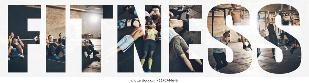 Collage of a diverse group of young people in sportswear doing different exercises together in a gym with an overlay of the word fitness