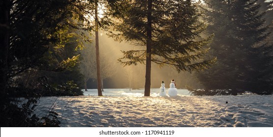 Escena mágica de invierno en el bosque con dos muñecos de nieve.
