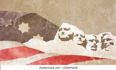しっくい壁にラシュモア山の大統領とアメリカ国旗