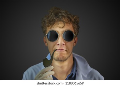 Real cool looking scientist with a Smoking pipe in a white robe and black sunglasses in the center on a dark wall background