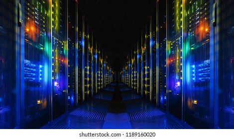 Plano del corredor en un gran centro de datos de trabajo lleno de servidores en rack y supercomputadoras.