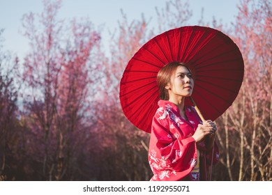 桜の花を背景に着物と赤い和傘を着けたアジアの女性