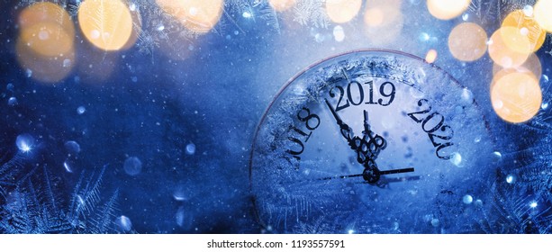 Happy New Years 2019. Winter Celebration With Dial Clock On Snow And Light