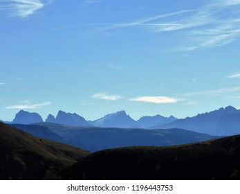 The Dolomites silhouette in different blue