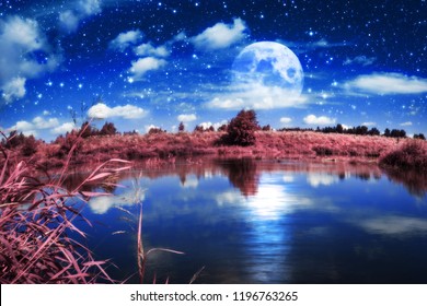 Podeželski gozd ob reki, nočna pokrajina s polno luno, urejena fotografija. Elementi te slike so bili dobavljeni s strani NASE.