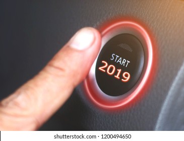 2019, Druk op de startknop 2019 Concept van het nieuwe jaar tweeduizend negentien