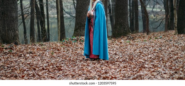 Ein Mädchen mit langen Haaren, blond, in einem blauen Umhang und einem rosa Kleid, geht durch den Herbstwald entlang des gelben Laubes der abgefallenen Blätter. Die Scheide eines Mädchens hängt an ihrem Gürtel.