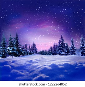 Pemandangan malam musim dingin yang indah dengan pepohonan yang tertutup salju. Latar belakang Natal. Kartu ucapan Selamat Tahun Baru dengan ruang fotokopi.